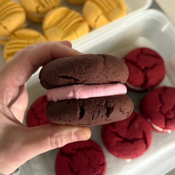 Vegan choc raspberry sandwich cookies in Melbourne.