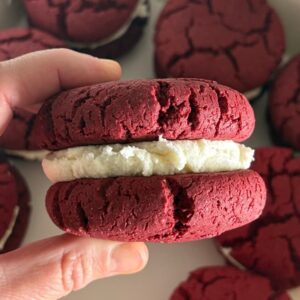 Vegan red velvet sandwich cookies in Melbourne.